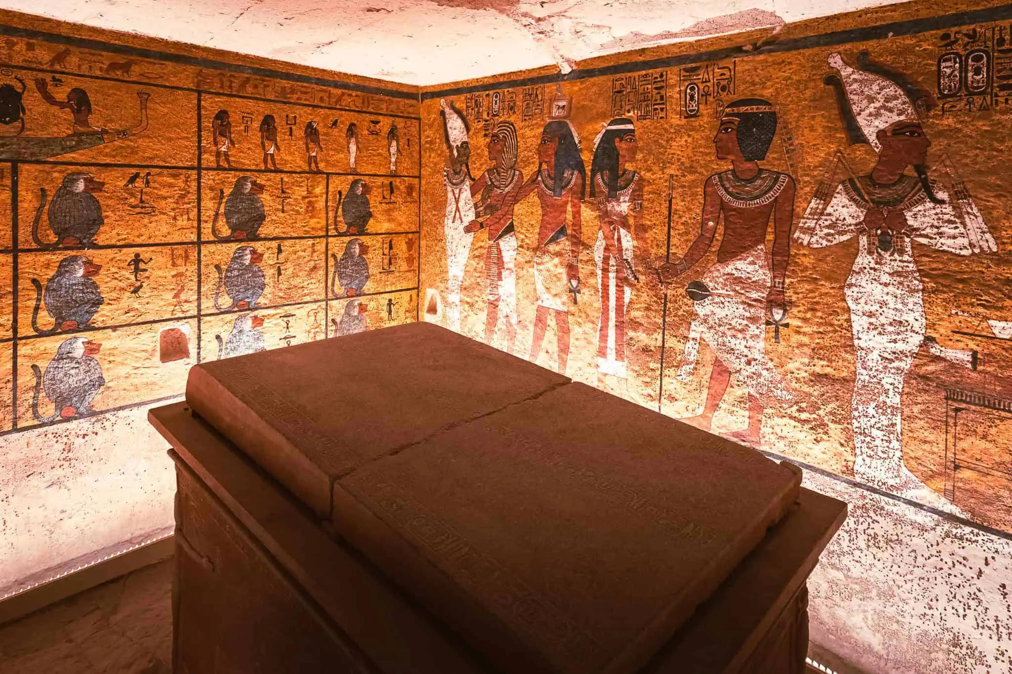 King-Tut-burial-chamber-with-sarcophagus-and-wall-Valley of the Kings, Hatshepsut & Colossi of Memnon Day Tour